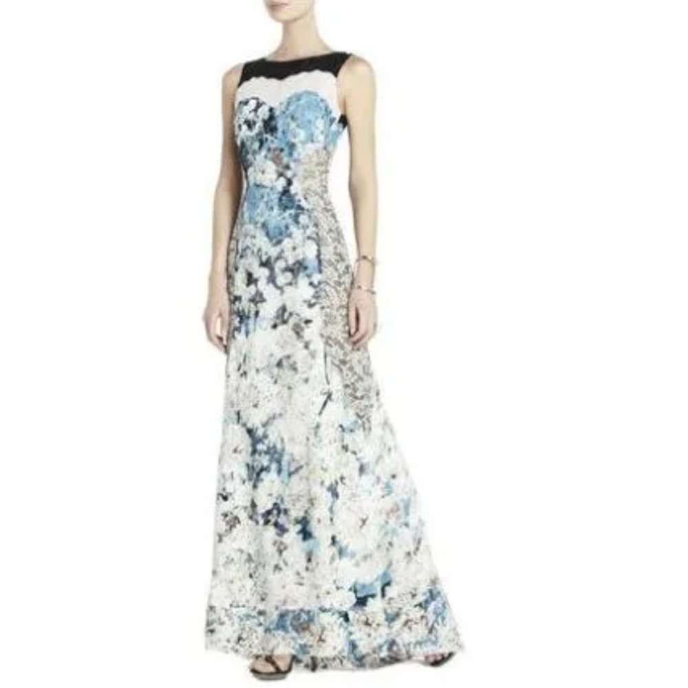 BCBGMaxAzria Tahiti Blue Combo Provence Sleeveless Open-Back Gown Maxi Dress 4